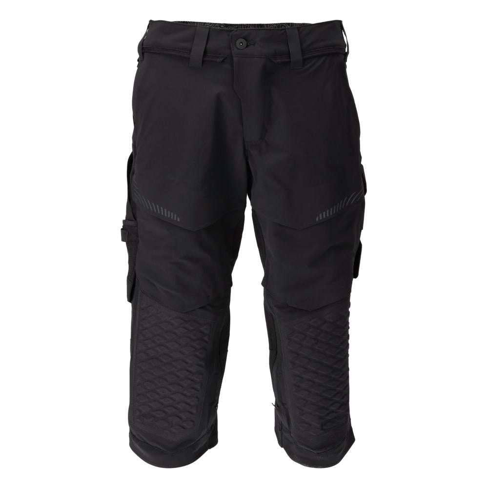 Calças três quartos, bolsos nos joelhos, calças stretch artesão três quartos, pretas