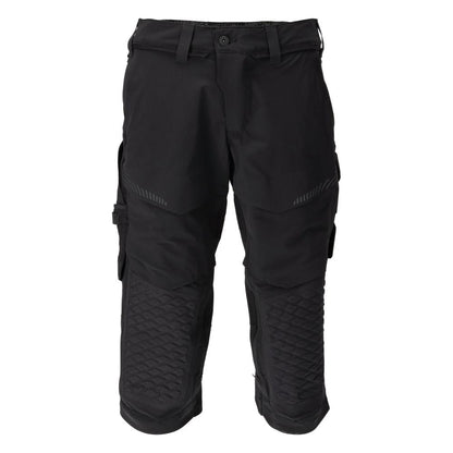Calças três quartos, bolsos nos joelhos, calças stretch artesão três quartos, pretas