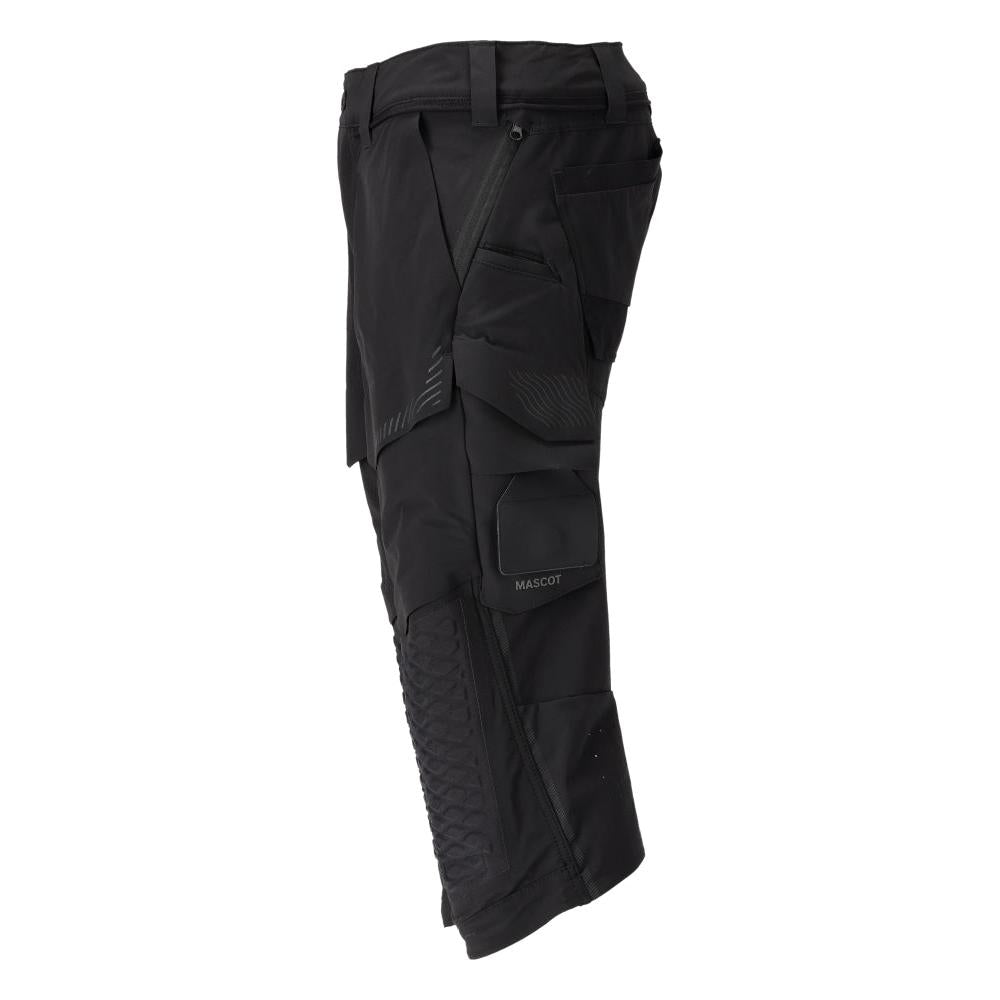 Calças três quartos, bolsos nos joelhos, calças stretch artesão três quartos, pretas