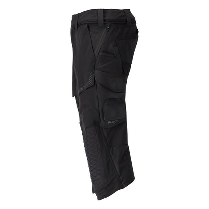 Calças três quartos, bolsos nos joelhos, calças stretch artesão três quartos, pretas