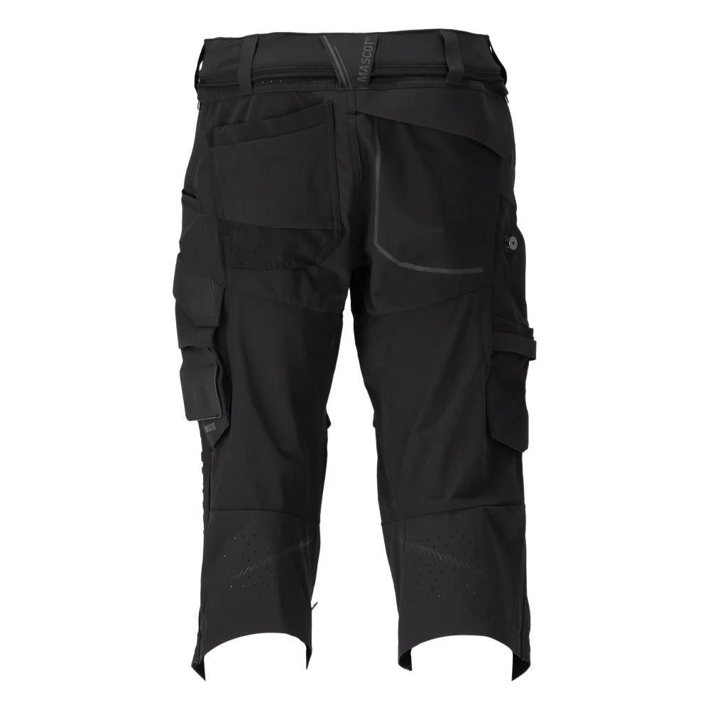 Calças três quartos, bolsos nos joelhos, calças stretch artesão três quartos, pretas