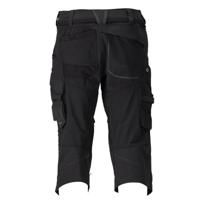 Calças três quartos, bolsos nos joelhos, calças stretch artesão três quartos, pretas