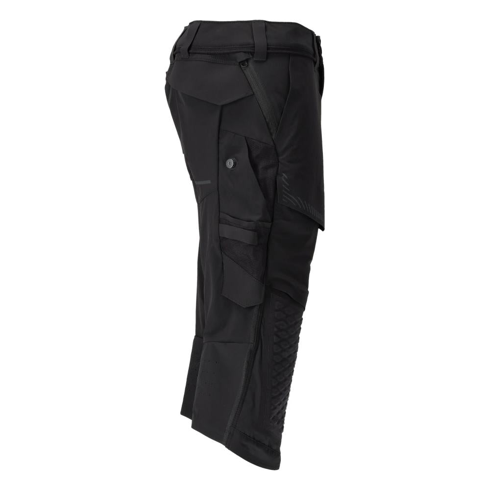 Calças três quartos, bolsos nos joelhos, calças stretch artesão três quartos, pretas