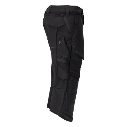 Calças três quartos, bolsos nos joelhos, calças stretch artesão três quartos, pretas