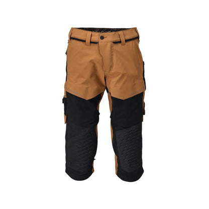 Calças três quartos, bolsos nos joelhos, calças elásticas artesão três quartos, castanho noz/preto