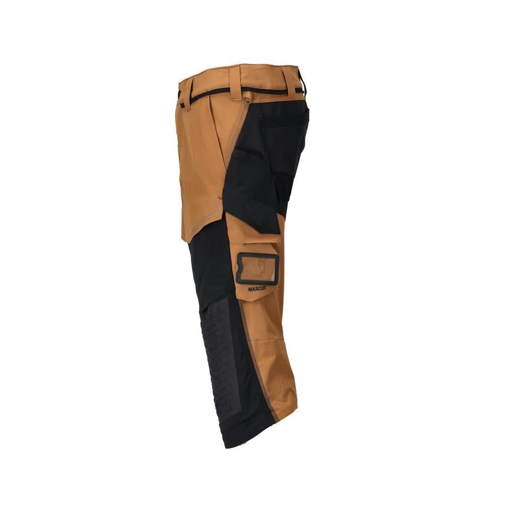 Calças três quartos, bolsos nos joelhos, calças elásticas artesão três quartos, castanho noz/preto