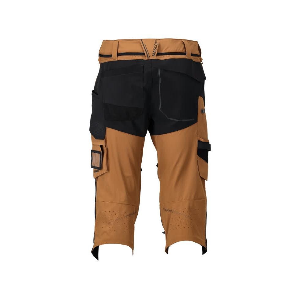 Calças três quartos, bolsos nos joelhos, calças elásticas artesão três quartos, castanho noz/preto