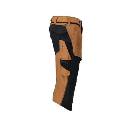 Calças três quartos, bolsos nos joelhos, calças elásticas artesão três quartos, castanho noz/preto