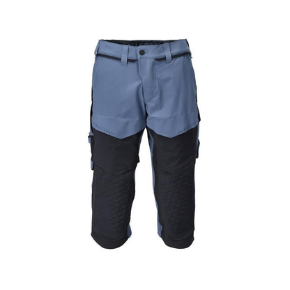 Calças três quartos, bolsos nos joelhos, calças stretch artesão três quartos, azul pedra/preto-azul