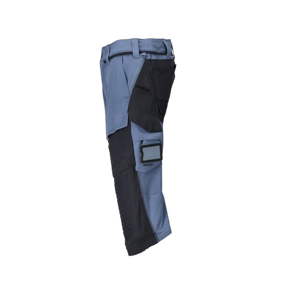 Calças três quartos, bolsos nos joelhos, calças stretch artesão três quartos, azul pedra/preto-azul