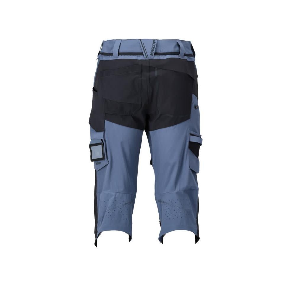 Calças três quartos, bolsos nos joelhos, calças stretch artesão três quartos, azul pedra/preto-azul