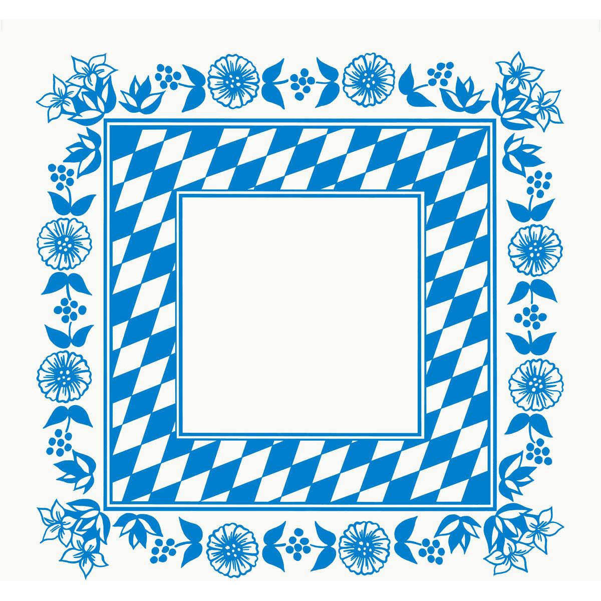 Uma toalha de mesa quadrada Dunicel 84x84 cm da Duni GmbH com borda de losango azul e branco da Baviera, moldura de flores azuis sobre fundo branco e um centro vazio - perfeita para uma decoração de mesa elegante. Embalagem: 20 unidades.