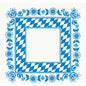 Uma toalha de mesa quadrada Dunicel 84x84 cm da Duni GmbH com borda de losango azul e branco da Baviera, moldura de flores azuis sobre fundo branco e um centro vazio - perfeita para uma decoração de mesa elegante. Embalagem: 20 unidades.