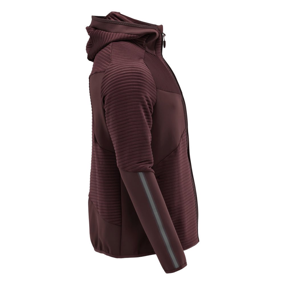 Suéter de lã, capuz, jaqueta microfleece com zíper, bordô