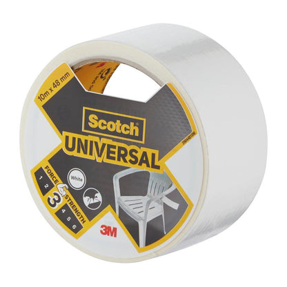 Um rolo de fita adesiva Scotch® Universal 2904 da 3M Deutschland GmbH com dimensões de 10 m x 48 mm é embalado com uma imagem de reparação de cadeira de plástico e nível de resistência 3.