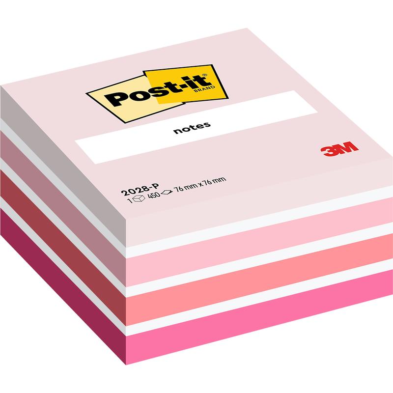 Uma pilha de blocos de notas Post-it® da 3M, 76 x 76 mm, 450 folhas por bloco, em tons de rosa com o logotipo 3M e "notes" na parte superior; fabricado pela 3M Deutschland GmbH, 100% certificado PEFC.