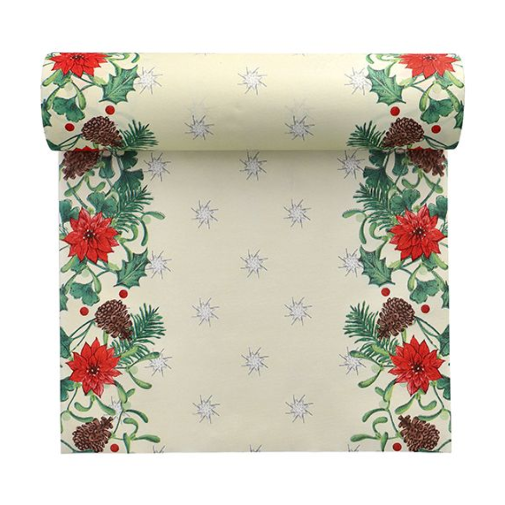 Um produto da PAPSTAR GmbH, o corredor de mesa Airlaid "Winterly" em um rolo de 24 m x 40 cm, tem um fundo creme adornado nas bordas com motivos de flores e pinhas. Este design é inspirado no Design Winterly e inclui flores vermelhas, folhas verdes, pinhas e pequenas estrelas para criar um tema festivo e acolhedor de feriado.