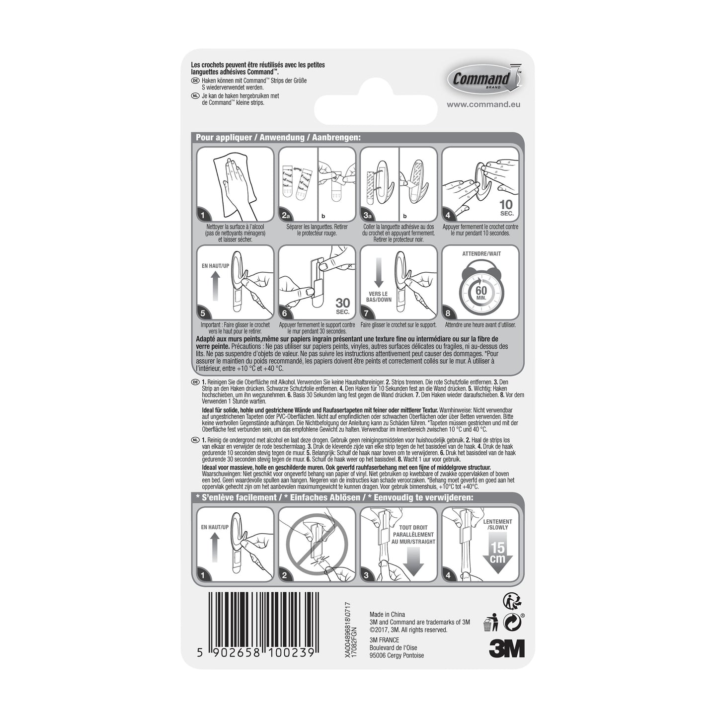 Die Rückseite eines Command™ Small Designer-Hakens, 17082 Packung von 3M Deutschland GmbH zeigt französische und deutsche Anweisungen für rückstandsfreies Aufhängen ohne Bohren, Produktdetails, Barcode und das 3M Logo am unteren Rand.