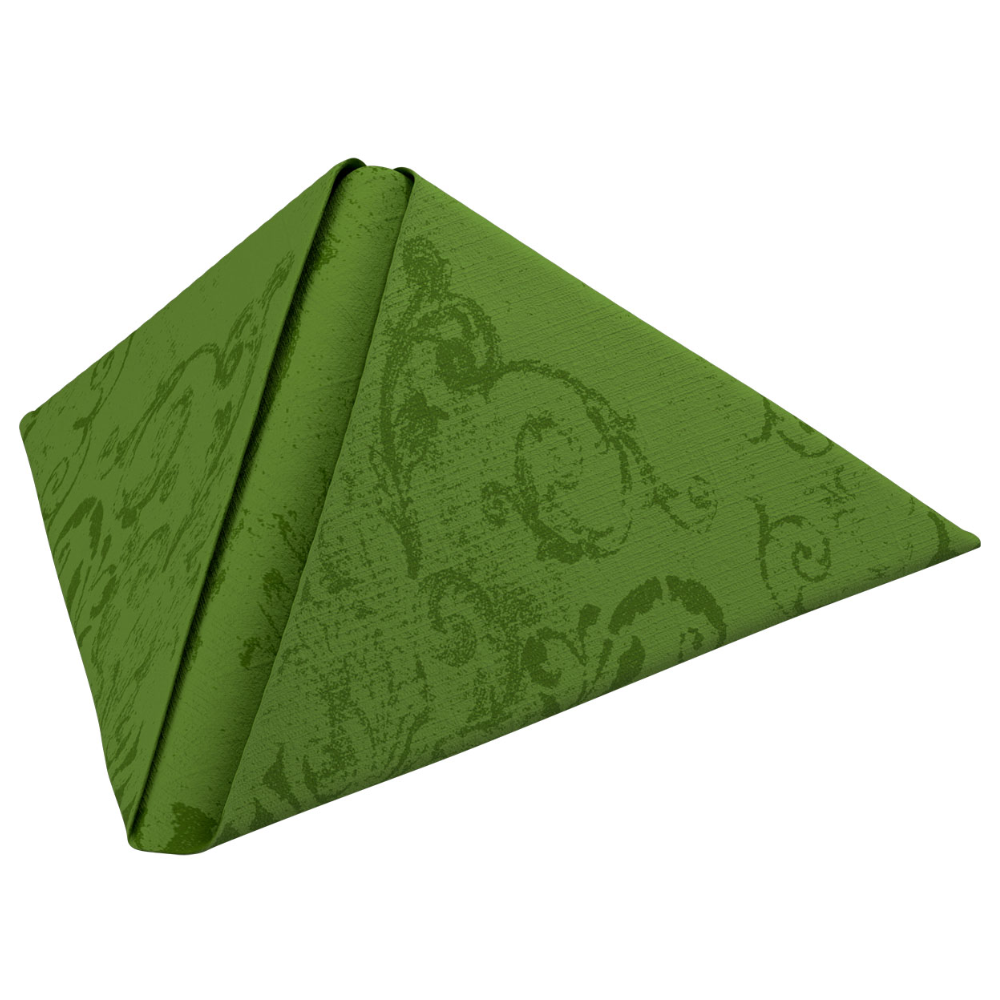 Este guardanapo Dunilin®, fabricado pela Duni GmbH, mede 40 x 40 cm, é elegantemente dobrado em forma de pirâmide e apresenta um design opulento com um padrão artístico e espiralado.