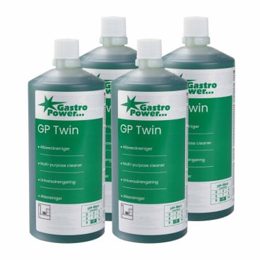 Quatro garrafas Abena Re-Seller GmbH GastroPower GP Twin Allzweckreiniger (325 ml, 4er-Pack, 1999915025) com líquido verde e tampas brancas estão dispostas de forma organizada - ideal como um limpador profissional para gastronomia.