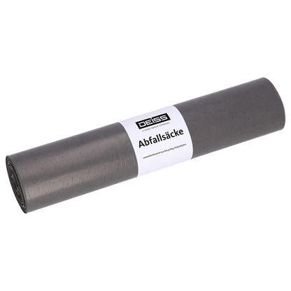 Um pacote enrolado de sacos de lixo EMIL DEISS KG (GmbH + Co.) DEISS Tipo 60, 70L, 575x1000 mm, feito de LDPE reciclado com etiqueta branca.