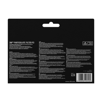 Rückseite einer Verpackung des 3M™ Partikelfilters 5925, P2, 10 Paar/Packung (3M Deutschland GmbH) mit Produktinformationen, Anweisungen und Sicherheitshinweisen - wie Schutz vor Staub - in mehreren Sprachen auf Schwarz. Barcode und Recycling-Symbole unten rechts.