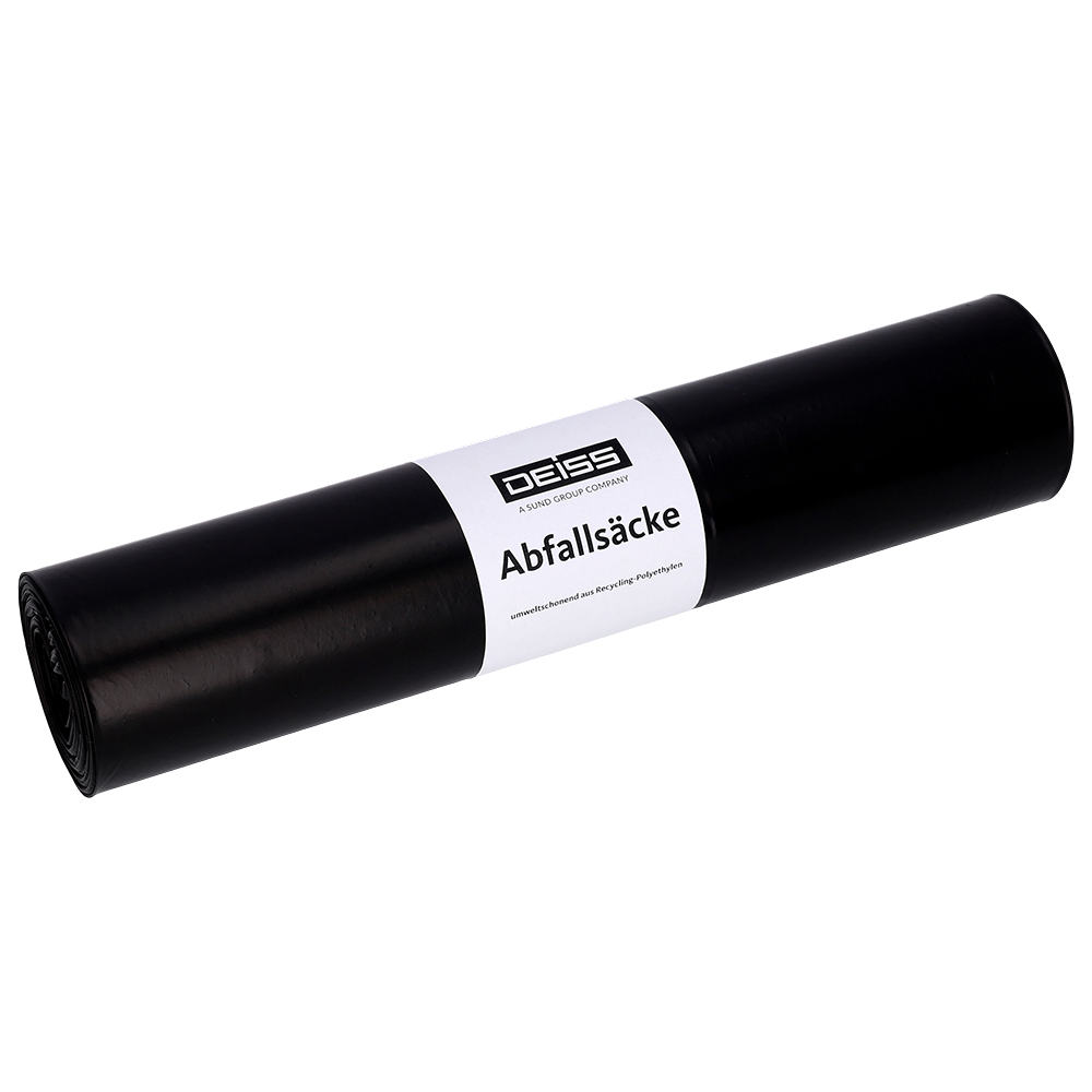 Eine schwarze Rolle DEISS 25702 Abfallsäcke (575x1000x0,05 mm) von EMIL DEISS KG (GmbH + Co.), Packung mit 25 Stück, mit weißem Etikett mit der Aufschrift "Abfallsäcke". Einfarbig heller Hintergrund.