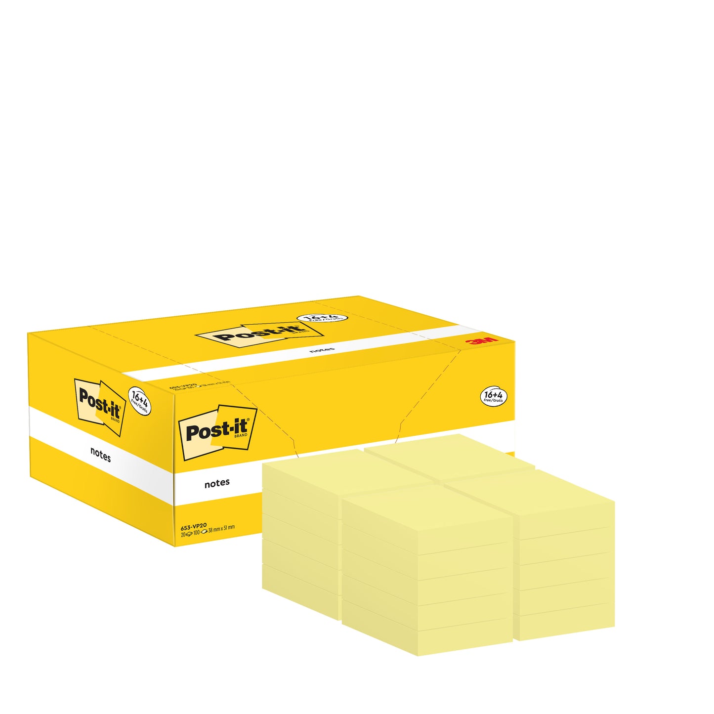 Na imagem, um pacote promocional de Notas Post-it® amarelas da 3M Deutschland GmbH com 16 blocos mais 4 blocos grátis (38 mm x 51 mm, 100 folhas por bloco), certificado PEFC, com notas adesivas na frente.