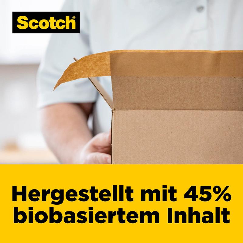 Uma pessoa segura uma caixa aberta. No canto superior esquerdo, vê-se o logotipo da 3M. Um banner amarelo na parte inferior mostra: "Feito com 45% de conteúdo biobaseado." Perfeito para fita de embalagem de papel Scotch® Box Lock™, 48 mm x 22,8 m.