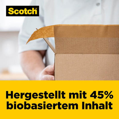 Uma pessoa segura uma caixa aberta. No canto superior esquerdo, vê-se o logotipo da 3M. Um banner amarelo na parte inferior mostra: "Feito com 45% de conteúdo biobaseado." Perfeito para fita de embalagem de papel Scotch® Box Lock™, 48 mm x 22,8 m.