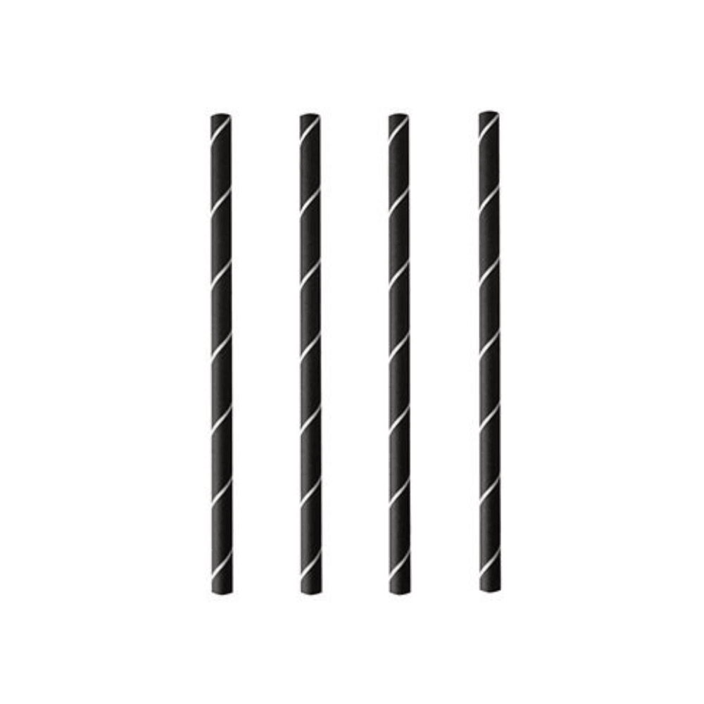 Quatro PAPSTAR palhinhas de cocktail 7 mm, preto/branco "Stripes", 15 cm (250 peças) da PAPSTAR GmbH estão dispostas verticalmente em fundo branco e destacam estas palhinhas de papel elegantes e ecológicas.
