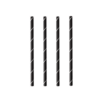 Quatro PAPSTAR palhinhas de cocktail 7 mm, preto/branco "Stripes", 15 cm (250 peças) da PAPSTAR GmbH estão dispostas verticalmente em fundo branco e destacam estas palhinhas de papel elegantes e ecológicas.