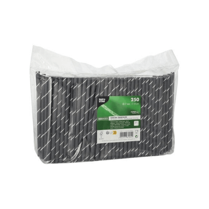 Uma embalagem de plástico transparente com 250 palhinhas de cocktail PAPSTAR GmbH, 7 mm x 15 cm, em padrão de listras preto/branco. Na frente, há uma etiqueta de produto PAPSTAR verde e branca.