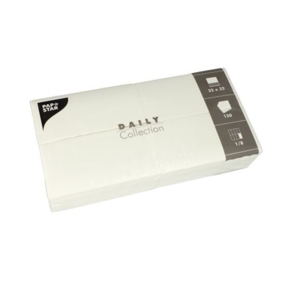 Um pacote branco de guardanapos "DAILY Collection" da PAPSTAR GmbH contém 150 guardanapos com as medidas 32 x 32 cm, ideal para valorizar sua decoração de mesa. Na embalagem é indicado que os guardanapos são dobrados em oitavos.