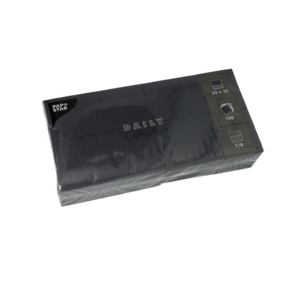 Um pacote preto elegante de guardanapos "DAILY Collection" da PAPSTAR GmbH é perfeito para sua decoração de mesa. Com 150 guardanapos no prático formato 32 x 32 cm e uma elegante dobra 1/8, oferecem tanto estilo quanto conforto sustentável para qualquer ocasião.