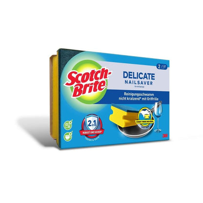 Uma caixa de esponja com pega não abrasiva Scotch-Brite® Delicate da 3M Deutschland GmbH, em embalagem azul e verde com imagens do produto. Cada esponja amarela tem uma imagem de pega, ideal para superfícies sensíveis.