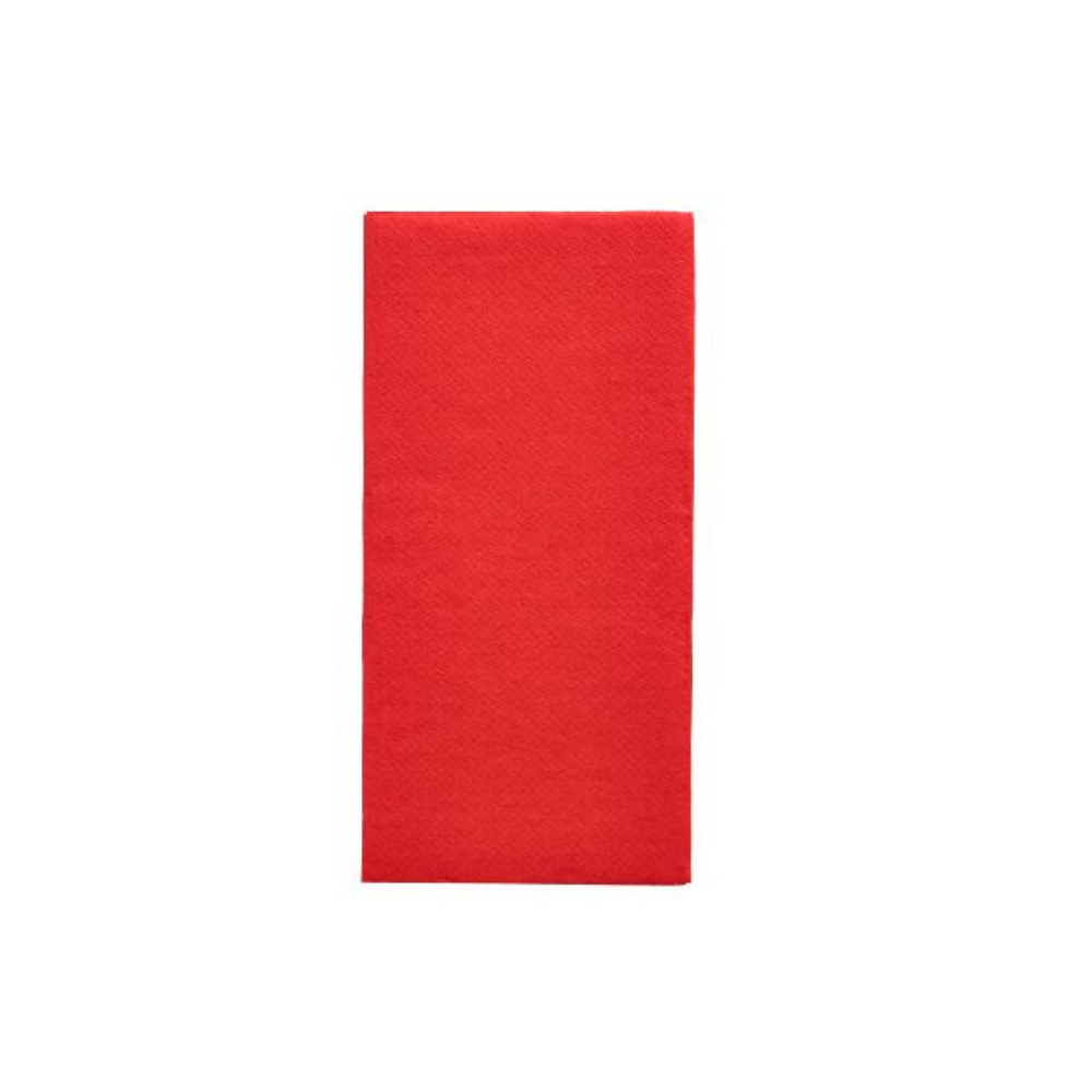 Diante de um fundo branco simples, um guardanapo retangular, limpo e dobrado "DAILY Collection" em vermelho é apresentado, ideal para decoração de mesa. O guardanapo da PAPSTAR GmbH parece ser feito de um tecido macio e texturizado.