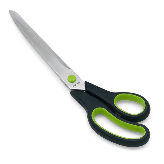 A tesoura de tapeceiro Nölle Profi Brush 2K11 com lâminas de aço inoxidável e cabos ergonômicos preto-verde garante cortes precisos; ilustrada em fundo branco. Marca: Nölle Profi Brush Bürsten- & Pinseltechnik e.K.