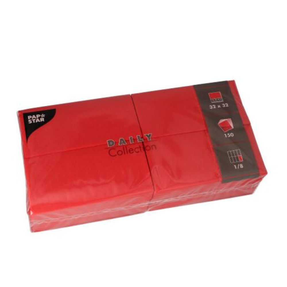 Um pacote vermelho de guardanapos "DAILY Collection" da PAPSTAR GmbH proporciona conforto sustentável com 150 guardanapos de papel no formato 32 x 32 cm, cada um dobrado em oito partes. Ideal para qualquer decoração de mesa.