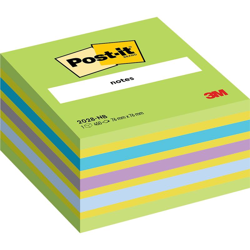 Uma pilha de blocos de notas Post-it® da 3M Deutschland GmbH, 76 mm x 76 mm, 450 folhas/bloco, com folhas alternadas em azul, amarelo, lilás e verde. A folha superior exibe o adesivo da marca Post-it amarelo com o logotipo vermelho da 3M.