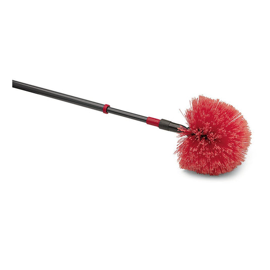 A cabeça esférica do pincel de pó Nölle Profi Brush com cabo telescópico, 170 cm (1 peça) da Nölle Profi Brush Bürsten- & Pinseltechnik e.K. tem uma cabeça de cerdas vermelha e redonda e um cabo telescópico preto, ilustrado sobre fundo branco.