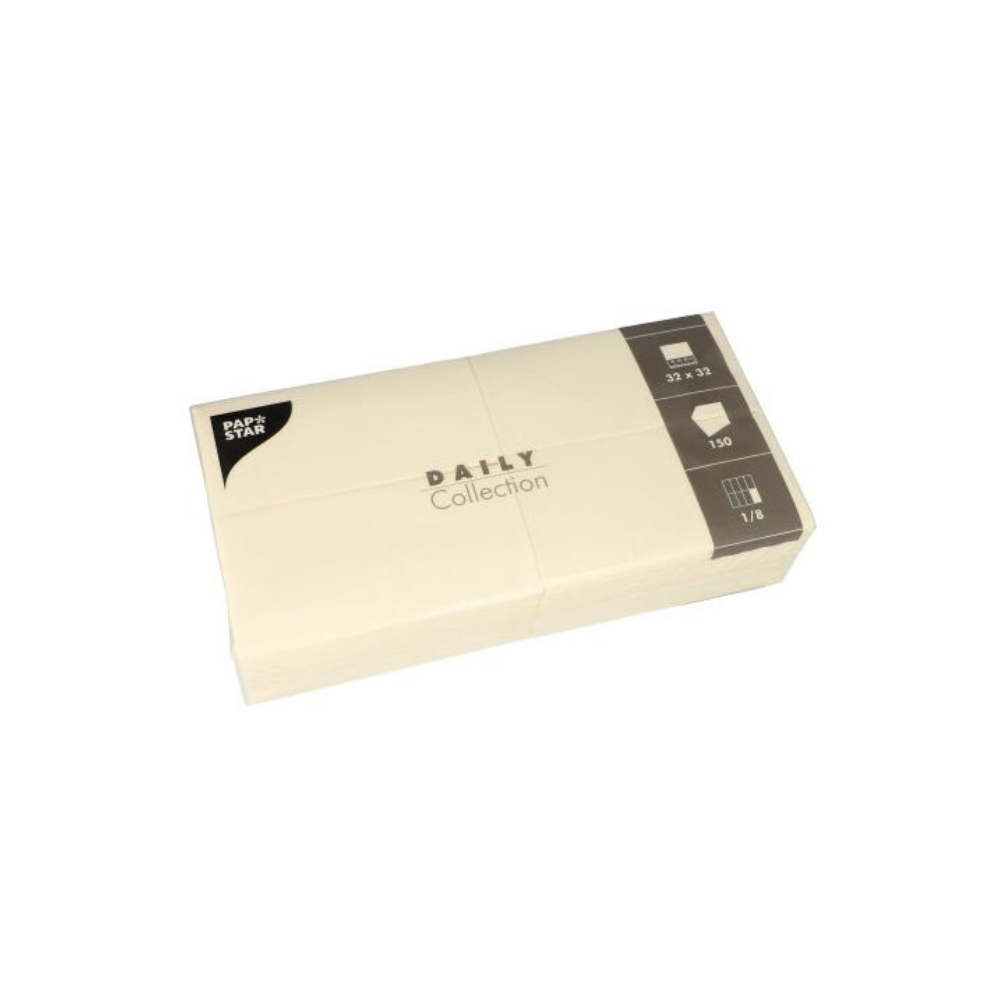 Um pacote de guardanapos de papel bege, ideal para decoração de mesa, com a designação "DAILY Collection" da PAPSTAR GmbH. A embalagem contém símbolos que indicam as dimensões (32 x 32 cm), a quantidade (150) e o tipo de dobra (1/8), para que você obtenha guardanapos elegantes e conforto sustentável para suas reuniões.
