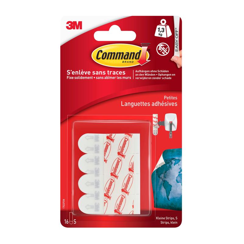 A imagem mostra uma embalagem vermelho-branca da 3M Deutschland GmbH Pequenas Tiras Command™ S, 17022N. Com as cinco pequenas tiras, você pode pendurar objetos sem danificar as paredes. Na embalagem, há informações do produto em vários idiomas.