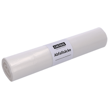 Um rolo de sacos de lixo DEISS 29703 (575x1000 mm Tipo 60, transparente, 25 unidades) da EMIL DEISS KG em fundo liso - perfeito para uma eliminação eficiente de resíduos.