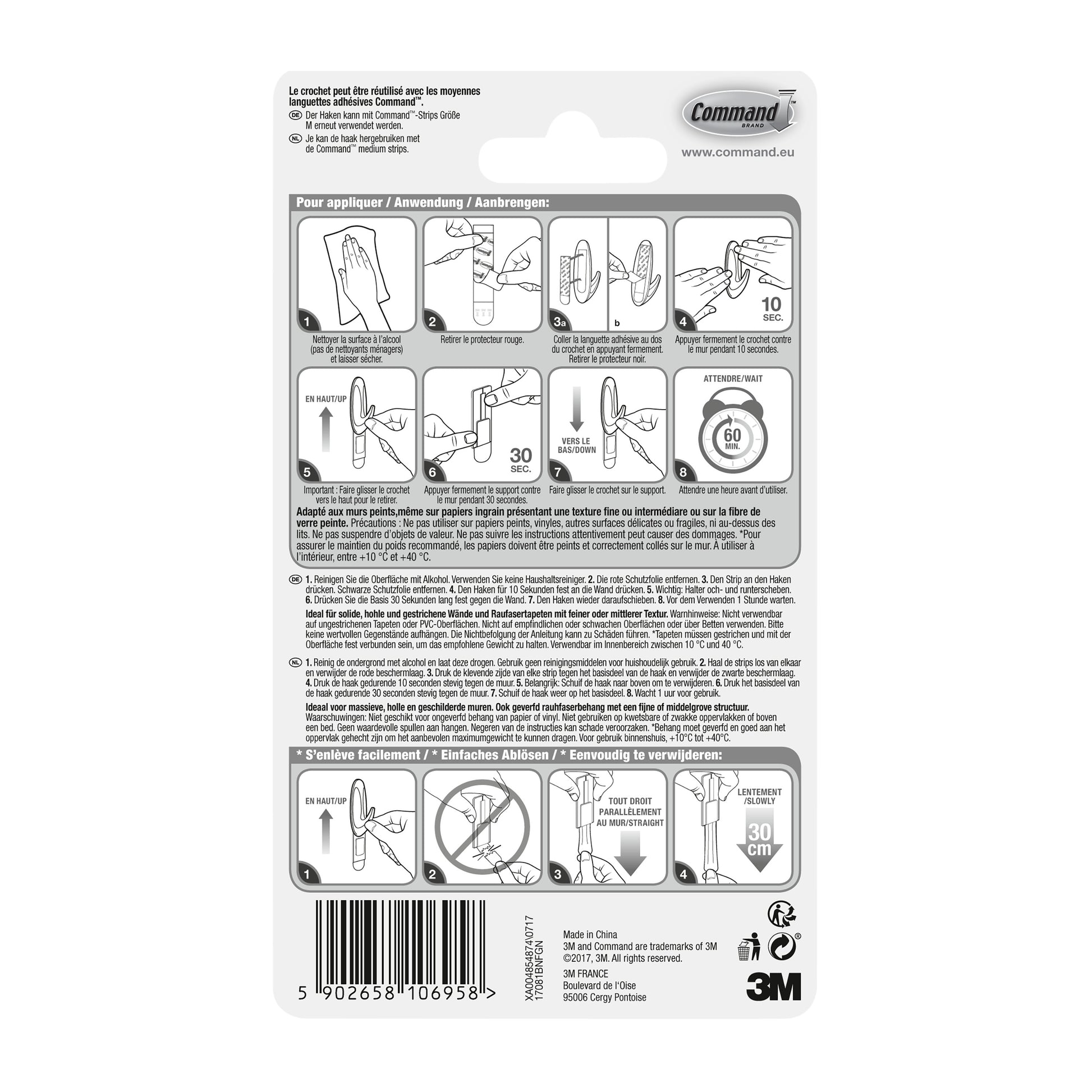 Rückseite der Command™ Medium Designer-Haken Metall-Look Packung (1 Stück) von 3M Deutschland GmbH mit bebilderter Schritt-für-Schritt-Anleitung und mehrsprachigem Text zur Anwendung/Entfernung, Barcode und Herstellerangaben unten.