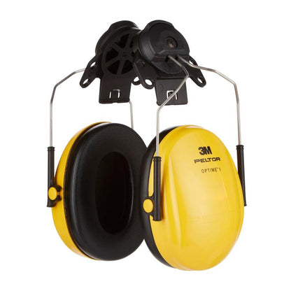 O protetor auditivo com cápsula 3M™ PELTOR™ Optime™ I para capacete H510P3E da 3M Deutschland GmbH oferece proteção auditiva eficaz com um valor SNR de 26 dB, em amarelo, adequado para montagem em capacetes. Embalagem (1 unidade).