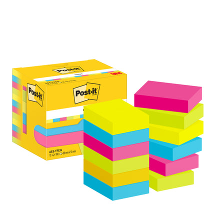 Uma embalagem de notas adesivas Post-it® da 3M Deutschland GmbH, Coleção Energética, 38x51 mm, 100 folhas/bloco, 12 blocos/embalagem em uma caixa certificada PEFC - ideal para a organização de escritório em cores vibrantes e com a marca registrada.