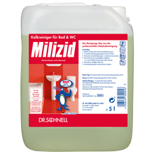 Ein 5-Liter-Gebinde von Dr. Schnell MILIZID KALKREINIGER der DR.SCHNELL GmbH & Co. KGaA, mit einem deutschen Etikett, das Badarmaturen und einen Cartoon-Pinguin zeigt, der die Produktflasche hält.