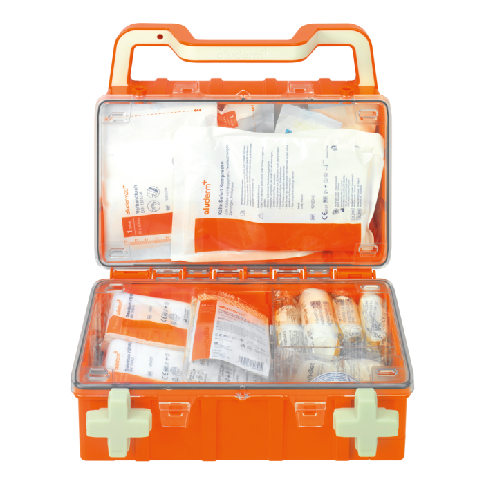 Kit de primeiros socorros laranja DYNAMIC-GLOW S norma DIN 13157 | Mala (1 peça)