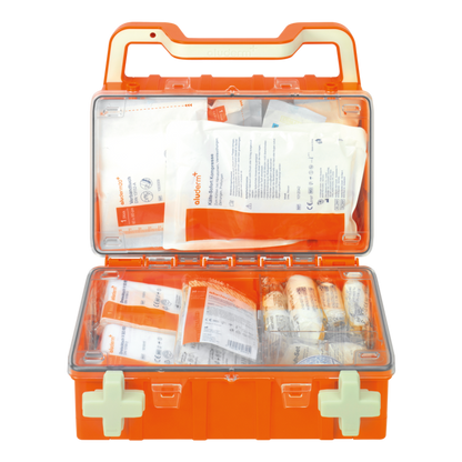 Kit de primeiros socorros laranja DYNAMIC-GLOW S norma DIN 13157 | Mala (1 peça)